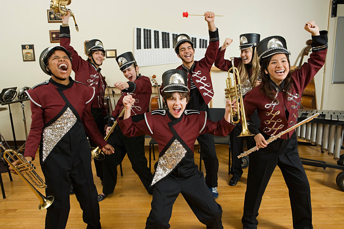 a bunch of band kids with instrument and yelling