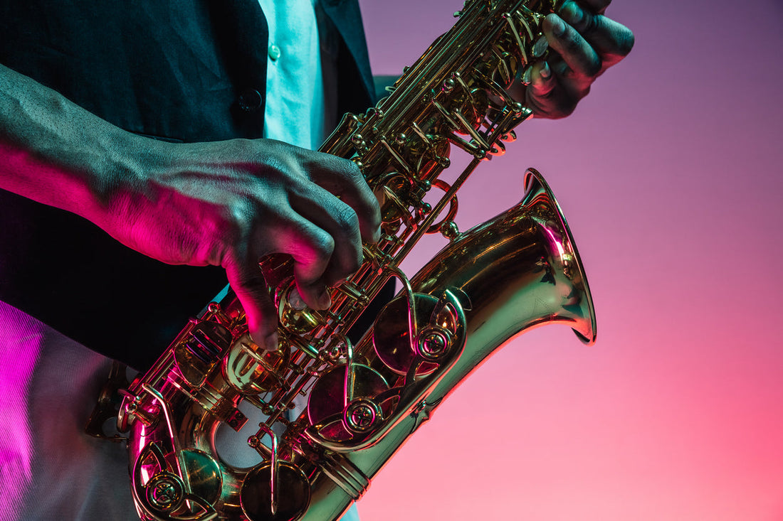 Saxophone up close with lighted background