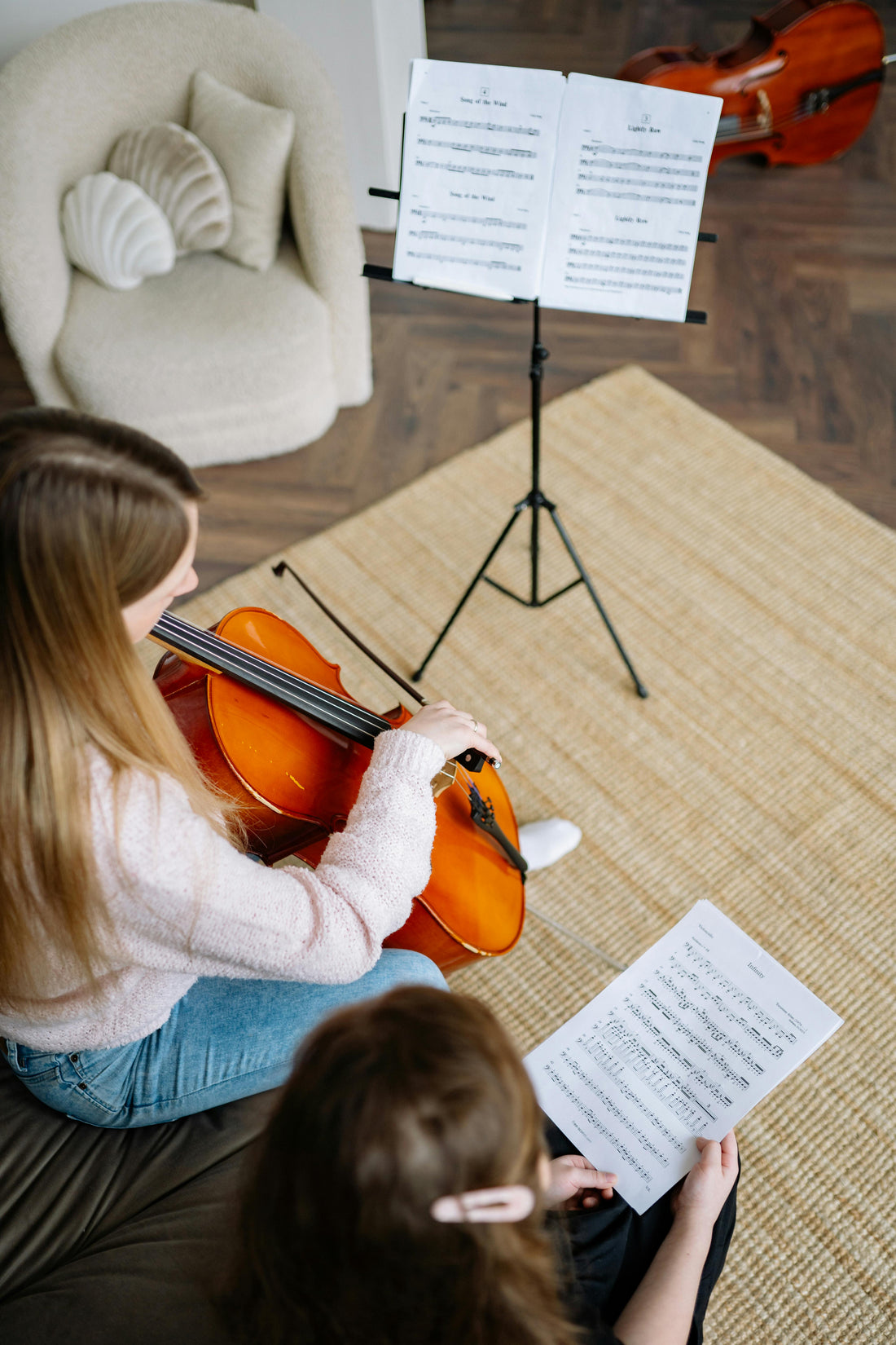 Aerial view of Cello teacher with student