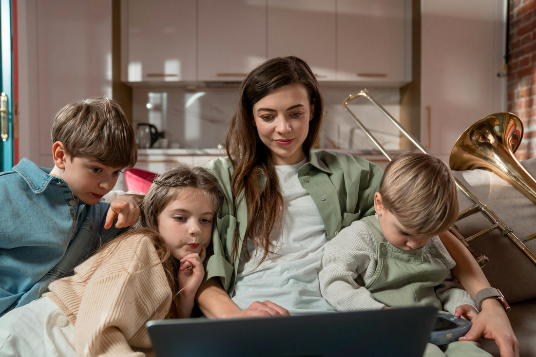 Mom with three kids and a trombone looking at a computer screen