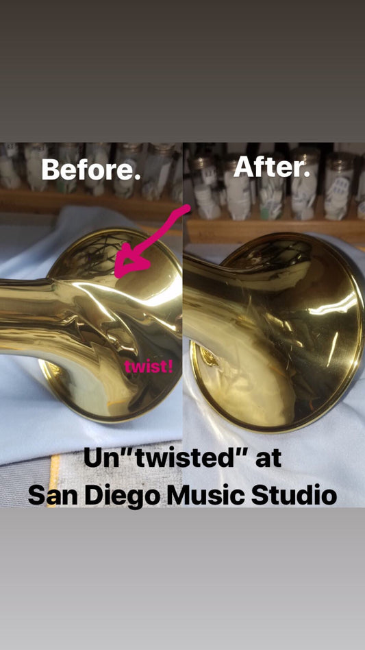 Trumpet dented then fixed before and after