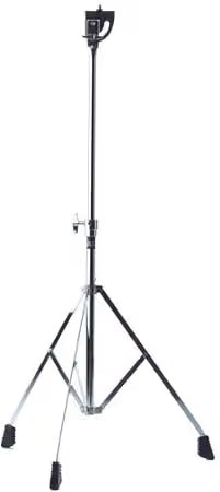 A black metal light stand with a three-legged tripod base, adjustable height mechanism, and a mounting bracket at the top, shown against a plain white background.