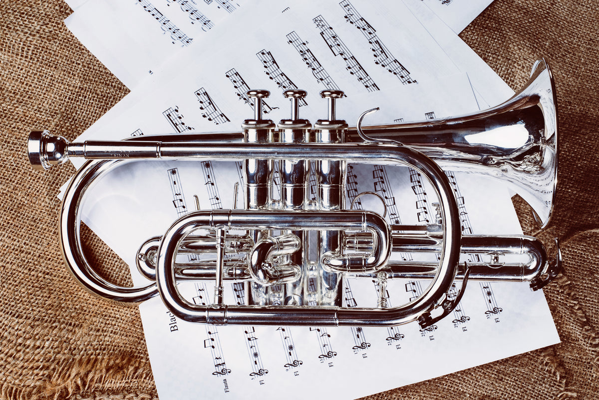 Silver cornet resting on sheet music